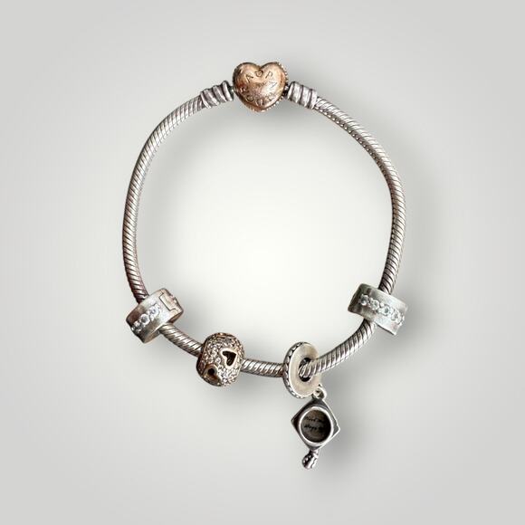 Pandora Moments Silver & Rose Gold Charm Bracelet -925 with Heart Clasp & Charms - Picture 2 of 11